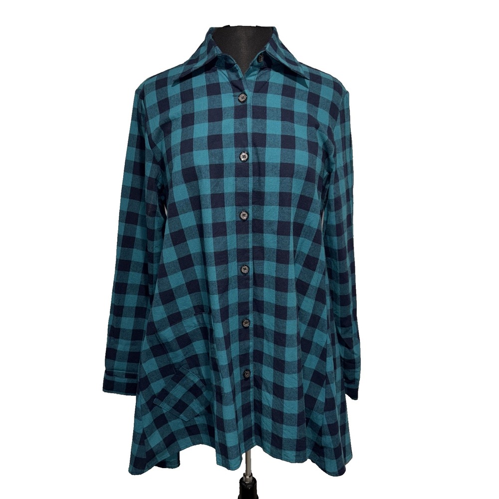 New Shana Plaid Floral Button UP Swing Tunic‎ Size M Teal Color Pockets Collard